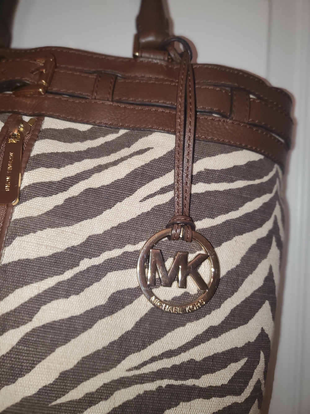 Michael Kors Brown and Cream Zebra-Print Canvas Tote with Leather Trim - Picture 6 of 16